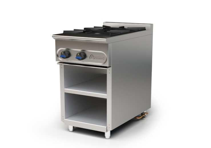 COCINA A GAS CON MUEBLE FONDO 750 - M-750/2E-COCINA DE 2 FUEGOS SIN HORNO, 455X750X850 mm