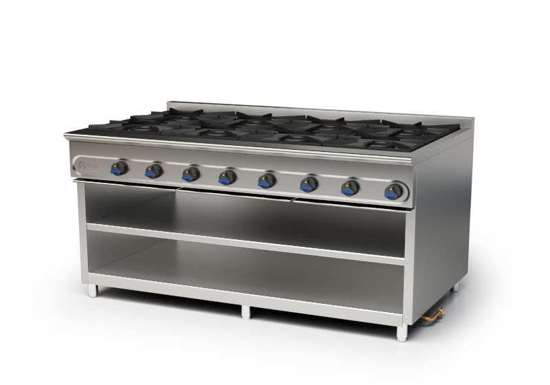 COCINA A GAS CON MUEBLE FONDO 900 - M-1600/8E-COCINA DE 8 FUEGOS SIN HORNO DIMENSIONES: 1575X900X850 mm