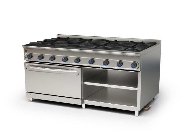 COCINA CON HORNO A GAS FONDO 900 - COCINA DE 8 FUEGOS CON 1 HORNO DIMENSIONES: 1575X900X850 mm-M-1600/8HE