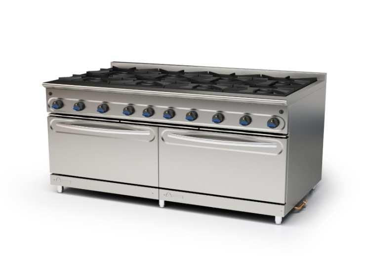 COCINA CON HORNO A GAS FONDO 900 - COCINA DE 8 FUEGOS CON 2 HORNOS DIMENSIONES: 1655X900X850 mm-M-1600/8H2